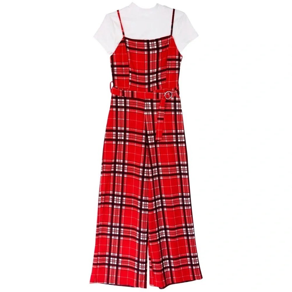 Punk 90s Grunge belted red plaid jumpsuit spaghetti straps stretchy material - Picture 7 of 8